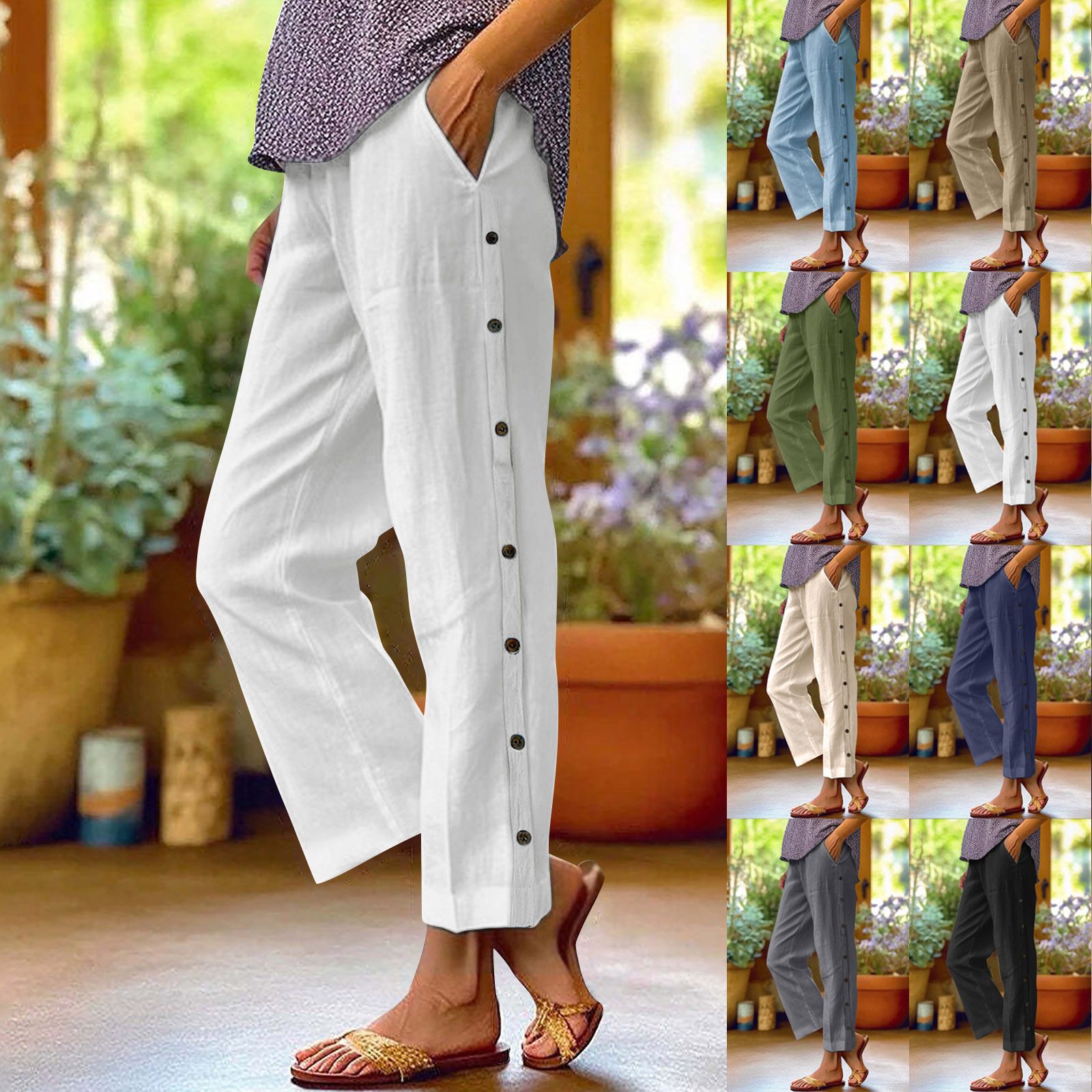 Pantalon court à boutons décoratifs le long des coutures latérales