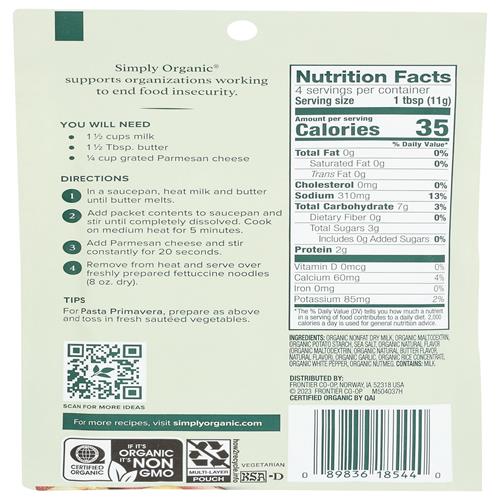 Simply Organic, Préparation pour sauce pâtes, Alfredo, 42 g