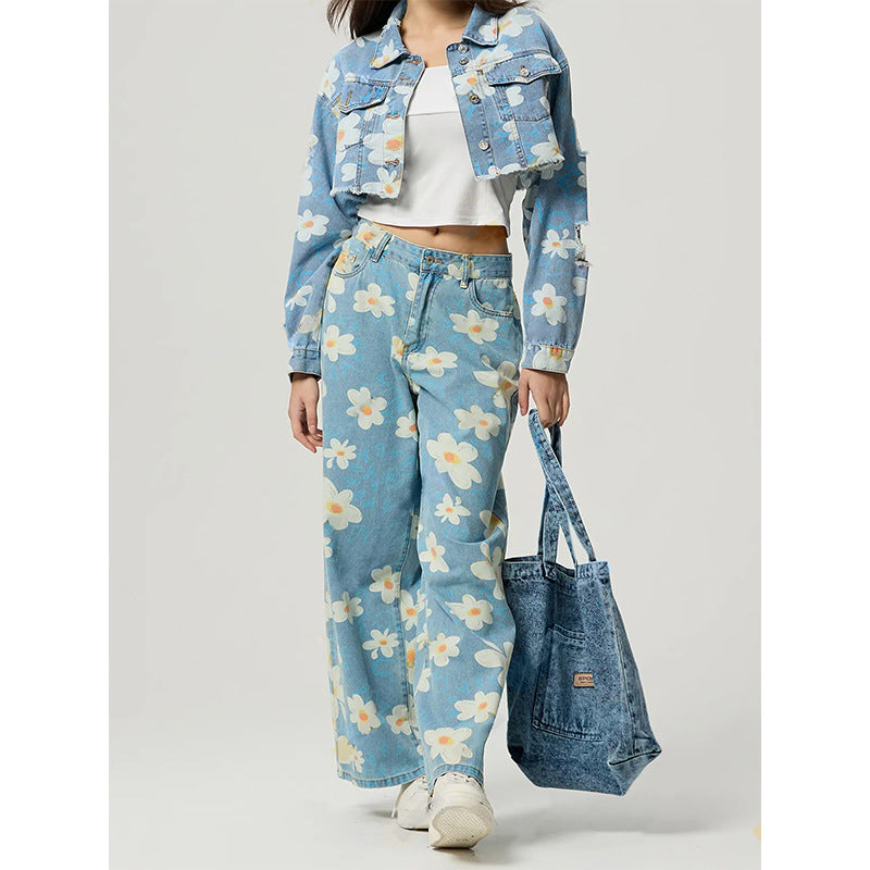 Jean droit vintage à imprimé floral pour femme