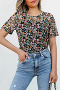 T-shirt noir transparent en maille à motif floral avec col rond et camisole