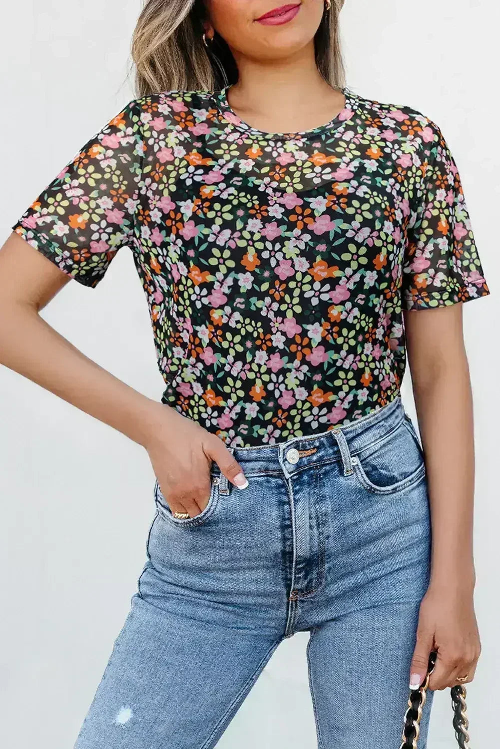 T-shirt noir transparent en maille à motif floral avec col rond et camisole