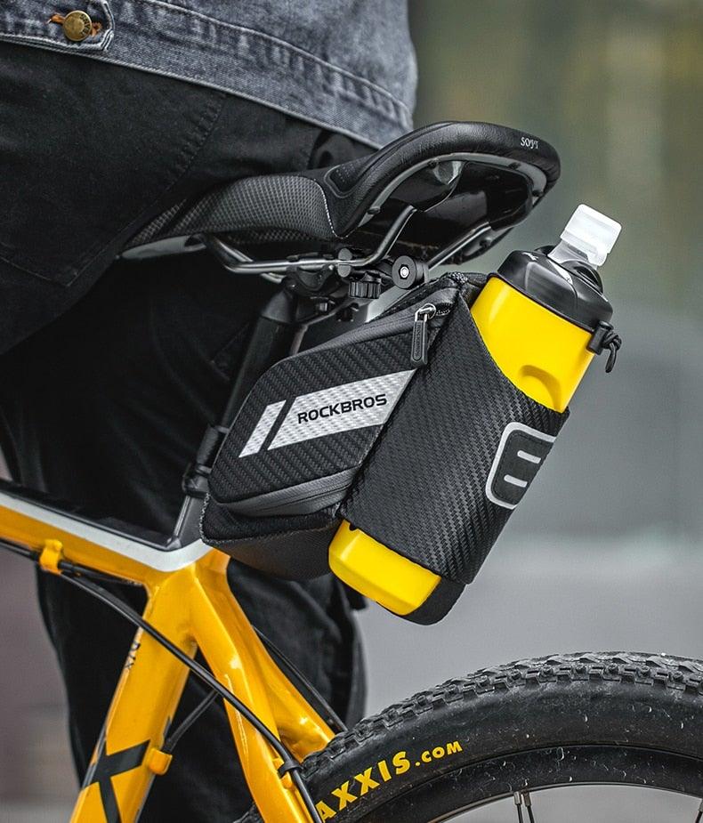 Sac de vélo déperlant, durable, réfléchissant, pour vélo de route avec poche pour bouteille d'eau de 1,5 L, accessoires pour sacoche de vélo, sacoche de selle de vélo avec porte-bidon, sacoche de vélo sous selle étanche pour vélo de route