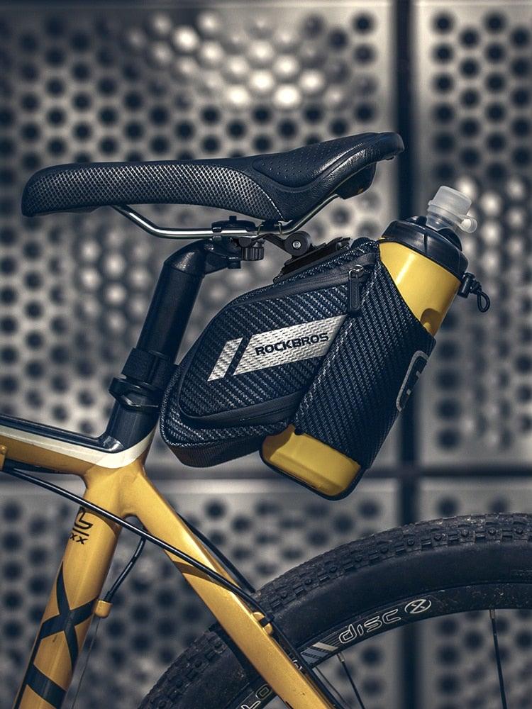 Sac de vélo déperlant, durable, réfléchissant, pour vélo de route avec poche pour bouteille d'eau de 1,5 L, accessoires pour sacoche de vélo, sacoche de selle de vélo avec porte-bidon, sacoche de vélo sous selle étanche pour vélo de route