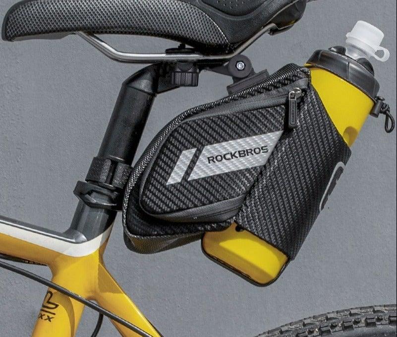Sac de vélo déperlant, durable, réfléchissant, pour vélo de route avec poche pour bouteille d'eau de 1,5 L, accessoires pour sacoche de vélo, sacoche de selle de vélo avec porte-bidon, sacoche de vélo sous selle étanche pour vélo de route