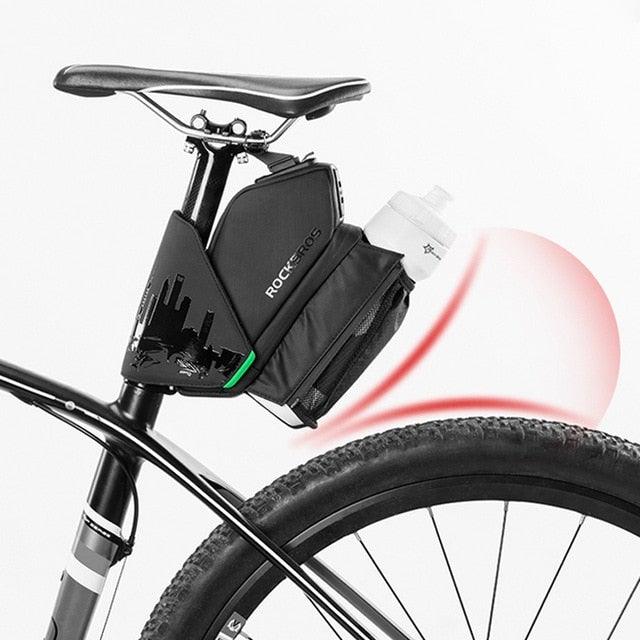 Sac de vélo déperlant, durable, réfléchissant, pour vélo de route avec poche pour bouteille d'eau de 1,5 L, accessoires pour sacoche de vélo, sacoche de selle de vélo avec porte-bidon, sacoche de vélo sous selle étanche pour vélo de route
