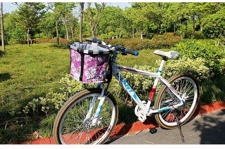 Panier de vélo pour guidon, support de transport pour cyclisme, pochette de vélo, sac de transport avant, panier de chargement de vélo, panier de vélo amovible, panier pliable pour petit chien ou chat pour la plupart des VTT et vélos, installation facile