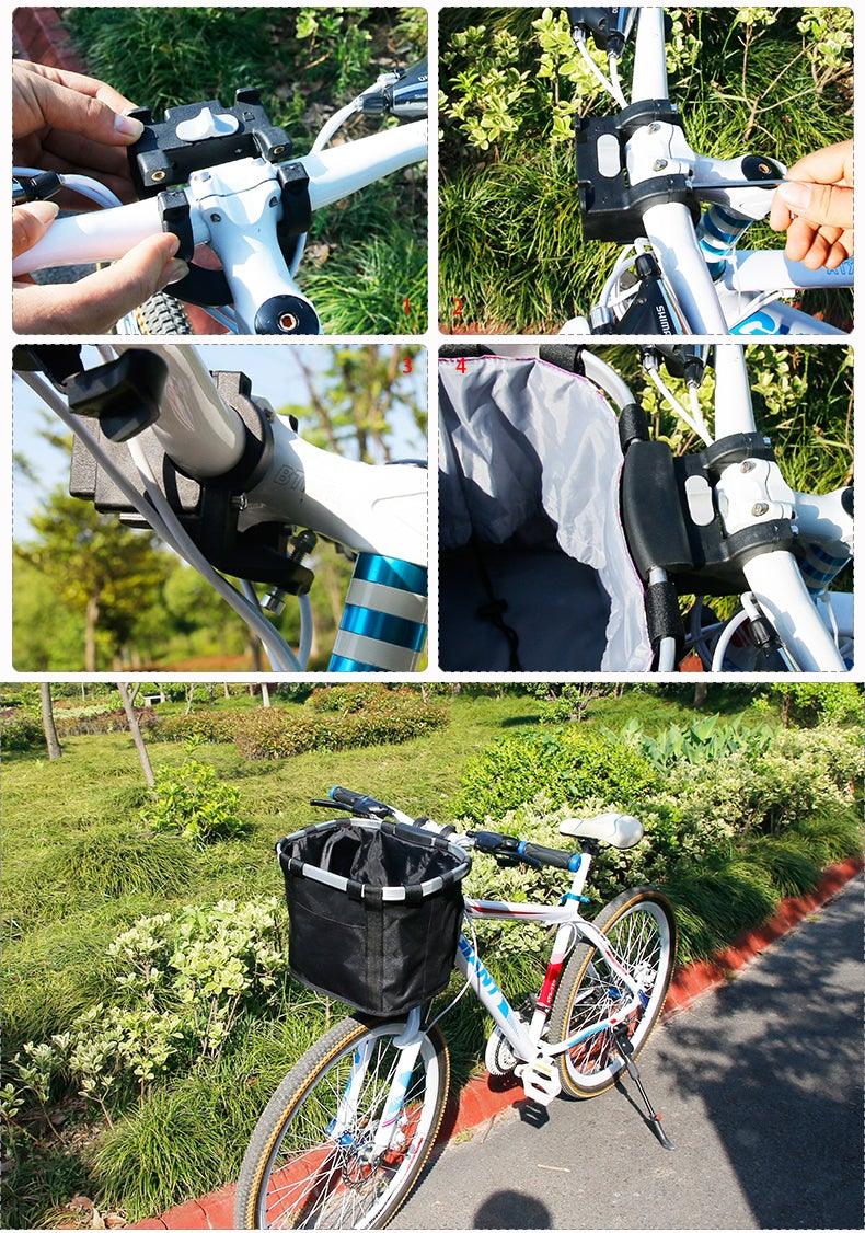 Panier de vélo pour guidon, support de transport pour cyclisme, pochette de vélo, sac de transport avant, panier de chargement de vélo, panier de vélo amovible, panier pliable pour petit chien ou chat pour la plupart des VTT et vélos, installation facile