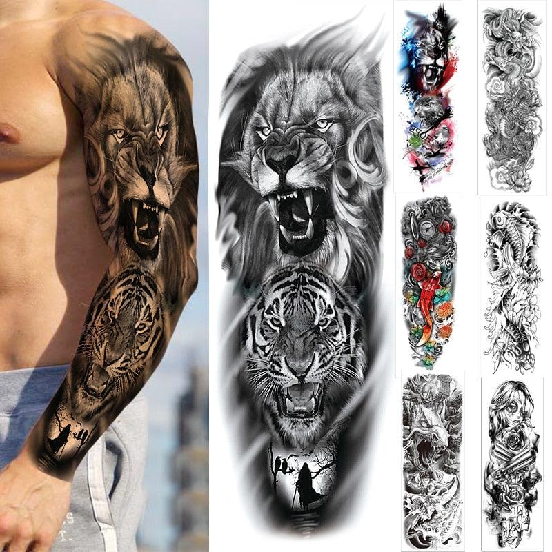 Grand Tatouage Réaliste Tigre Étanche Temporaire Dragon Fleur Autocollant Bras Complet Grande Taille Manchon Grand Design Luxe Pour Hommes