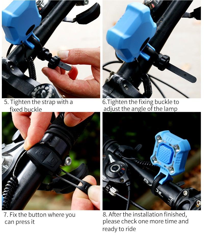 Klaxon de vélo 4 lampes Cyclisme Lumière 1200mAh Klaxon électrique Étanche USB Rechargeable Alarme Sonore Sécurité Klaxon de vélo Yeux brillants Entièrement étanche Lumen Phare rechargeable pour VTT et vélo de route