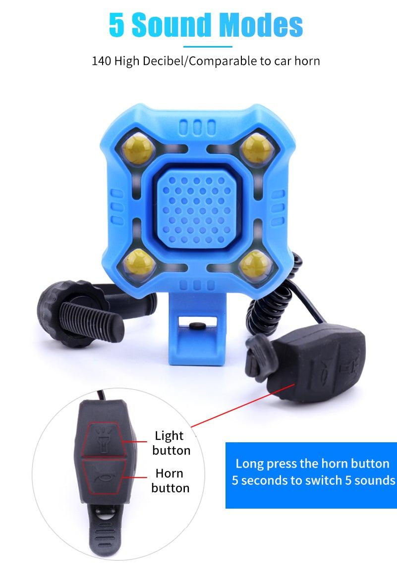 Klaxon de vélo 4 lampes Cyclisme Lumière 1200mAh Klaxon électrique Étanche USB Rechargeable Alarme Sonore Sécurité Klaxon de vélo Yeux brillants Entièrement étanche Lumen Phare rechargeable pour VTT et vélo de route