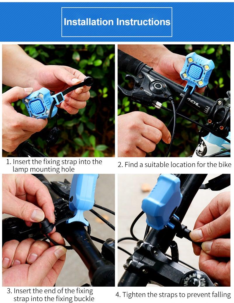 Klaxon de vélo 4 lampes Cyclisme Lumière 1200mAh Klaxon électrique Étanche USB Rechargeable Alarme Sonore Sécurité Klaxon de vélo Yeux brillants Entièrement étanche Lumen Phare rechargeable pour VTT et vélo de route