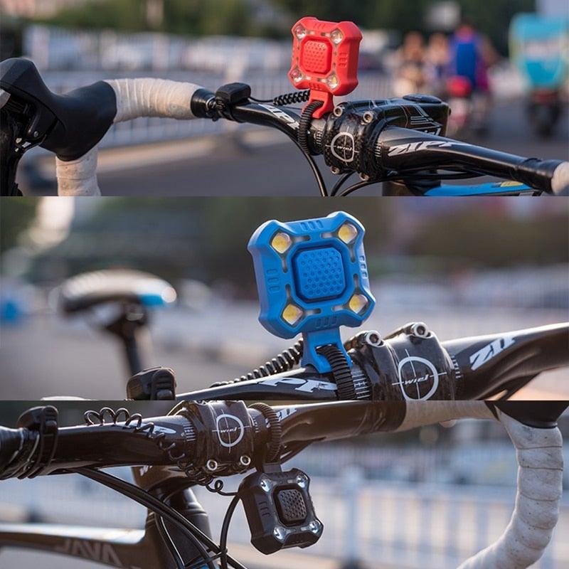 Klaxon de vélo 4 lampes Cyclisme Lumière 1200mAh Klaxon électrique Étanche USB Rechargeable Alarme Sonore Sécurité Klaxon de vélo Yeux brillants Entièrement étanche Lumen Phare rechargeable pour VTT et vélo de route