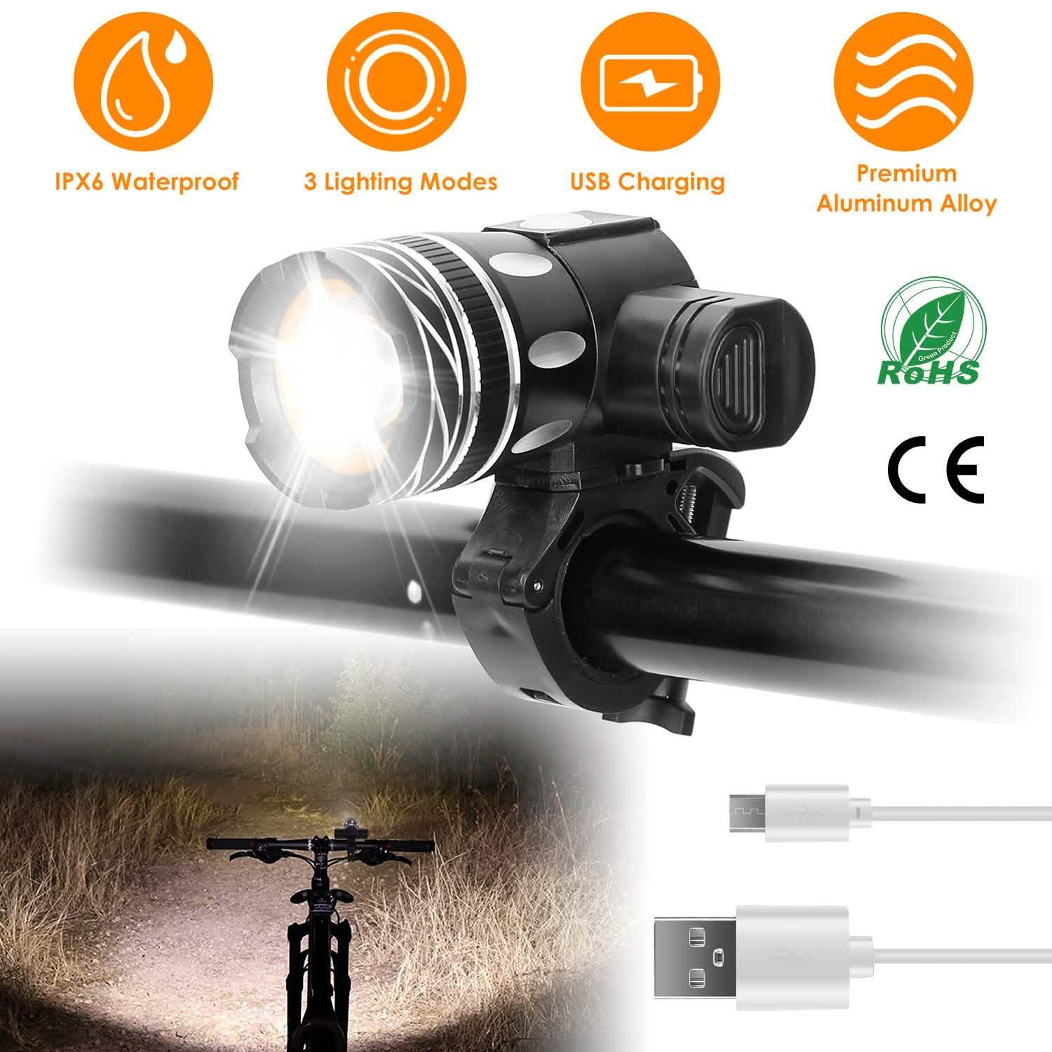 Phare de vélo rechargeable par USB avec support