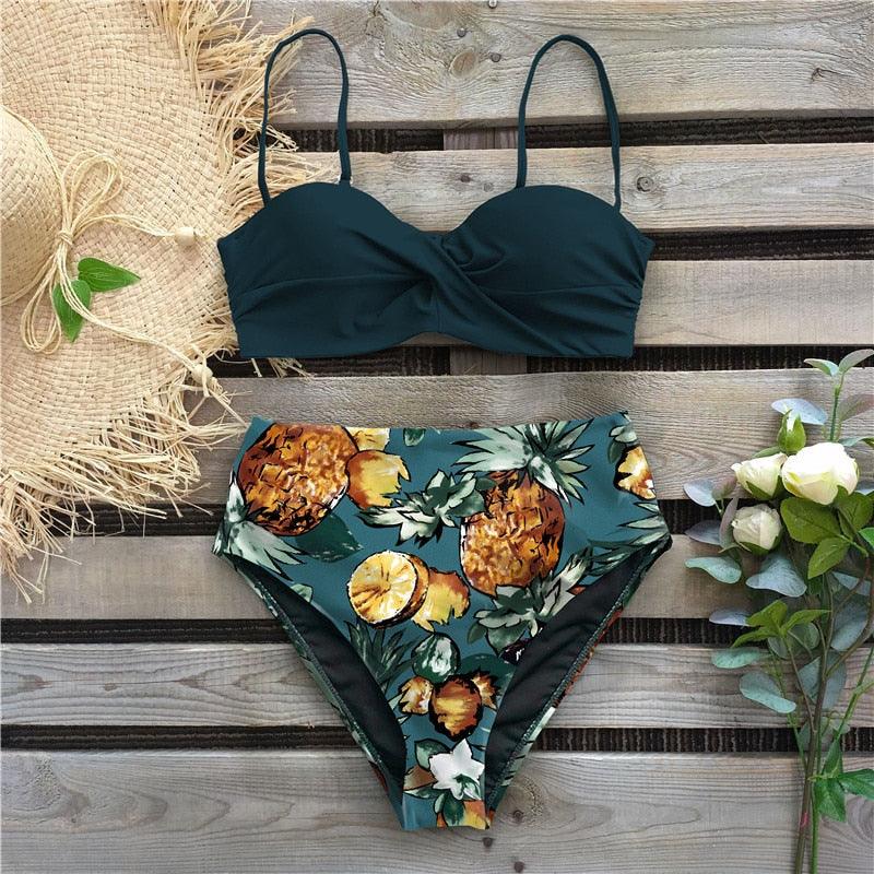 Bikini Maillot de Bain Femme Push Up Ensemble Bikini Taille Haute Maillots de Bain Deux Pièces Femme Maillot de Bain Imprimé Uni Rembourré Push-Up Maillot de Bain Volanté Beachwear