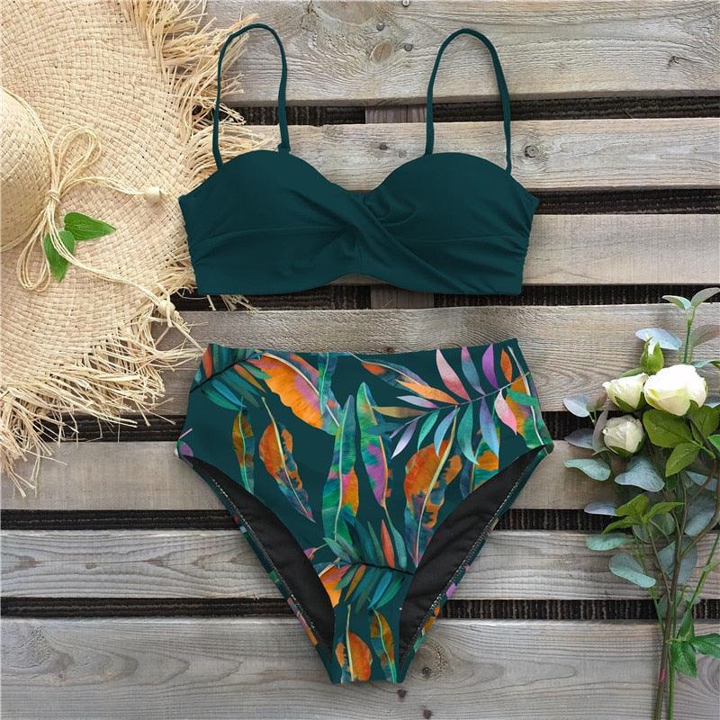 Bikini Maillot de Bain Femme Push Up Ensemble Bikini Taille Haute Maillots de Bain Deux Pièces Femme Maillot de Bain Imprimé Uni Rembourré Push-Up Maillot de Bain Volanté Beachwear