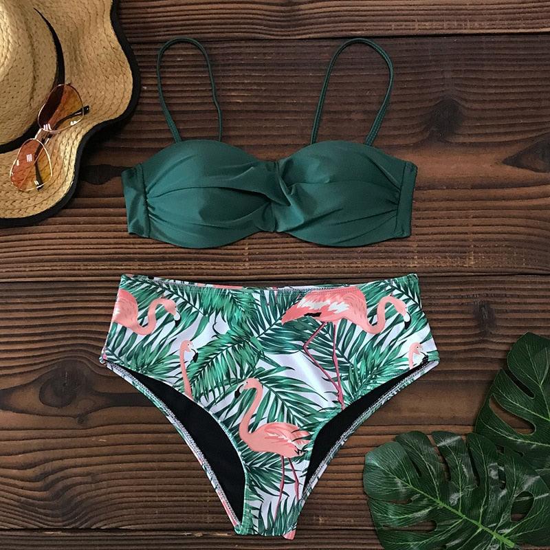 Bikini Maillot de Bain Femme Push Up Ensemble Bikini Taille Haute Maillots de Bain Deux Pièces Femme Maillot de Bain Imprimé Uni Rembourré Push-Up Maillot de Bain Volanté Beachwear