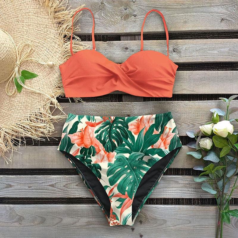 Bikini Maillot de Bain Femme Push Up Ensemble Bikini Taille Haute Maillots de Bain Deux Pièces Femme Maillot de Bain Imprimé Uni Rembourré Push-Up Maillot de Bain Volanté Beachwear