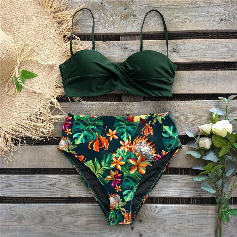 Bikini Maillot de Bain Femme Push Up Ensemble Bikini Taille Haute Maillots de Bain Deux Pièces Femme Maillot de Bain Imprimé Uni Rembourré Push-Up Maillot de Bain Volanté Beachwear
