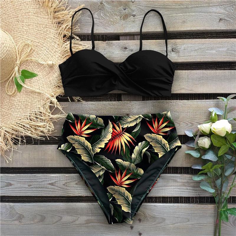 Bikini Maillot de Bain Femme Push Up Ensemble Bikini Taille Haute Maillots de Bain Deux Pièces Femme Maillot de Bain Imprimé Uni Rembourré Push-Up Maillot de Bain Volanté Beachwear