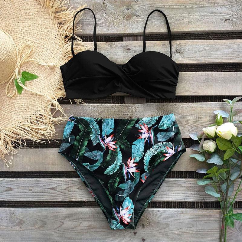 Bikini Maillot de Bain Femme Push Up Ensemble Bikini Taille Haute Maillots de Bain Deux Pièces Femme Maillot de Bain Imprimé Uni Rembourré Push-Up Maillot de Bain Volanté Beachwear