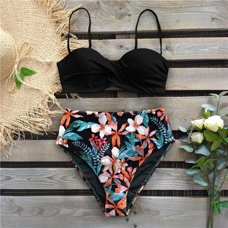 Bikini Maillot de Bain Femme Push Up Ensemble Bikini Taille Haute Maillots de Bain Deux Pièces Femme Maillot de Bain Imprimé Uni Rembourré Push-Up Maillot de Bain Volanté Beachwear