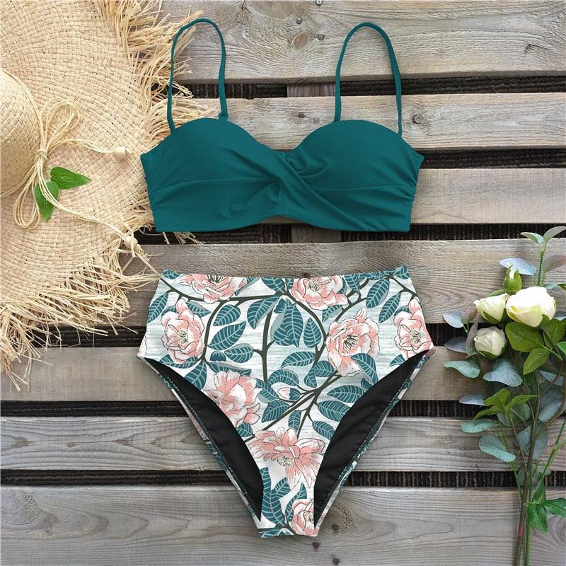 Bikini Maillot de Bain Femme Push Up Ensemble Bikini Taille Haute Maillots de Bain Deux Pièces Femme Maillot de Bain Imprimé Uni Rembourré Push-Up Maillot de Bain Volanté Beachwear