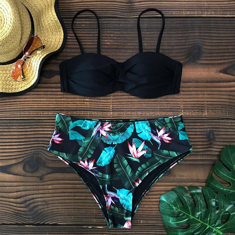 Bikini Maillot de Bain Femme Push Up Ensemble Bikini Taille Haute Maillots de Bain Deux Pièces Femme Maillot de Bain Imprimé Uni Rembourré Push-Up Maillot de Bain Volanté Beachwear