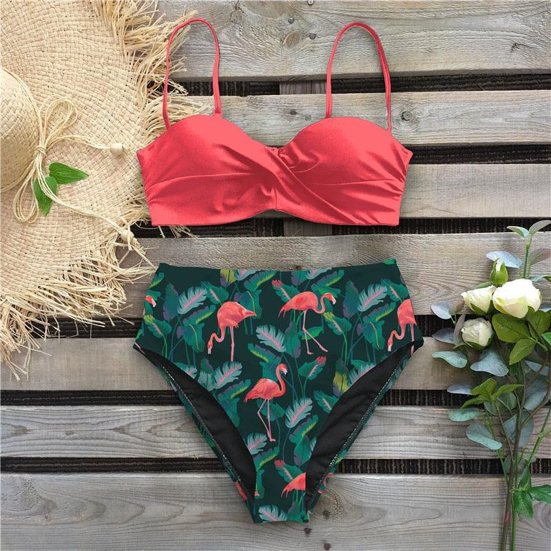 Bikini Maillot de Bain Femme Push Up Ensemble Bikini Taille Haute Maillots de Bain Deux Pièces Femme Maillot de Bain Imprimé Uni Rembourré Push-Up Maillot de Bain Volanté Beachwear