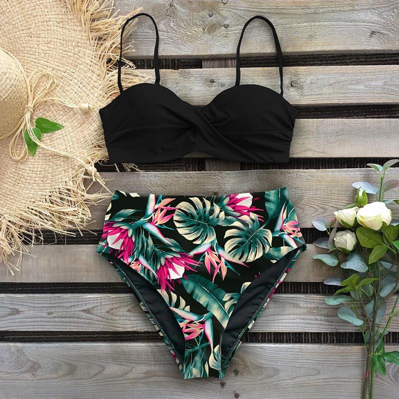 Bikini Maillot de Bain Femme Push Up Ensemble Bikini Taille Haute Maillots de Bain Deux Pièces Femme Maillot de Bain Imprimé Uni Rembourré Push-Up Maillot de Bain Volanté Beachwear