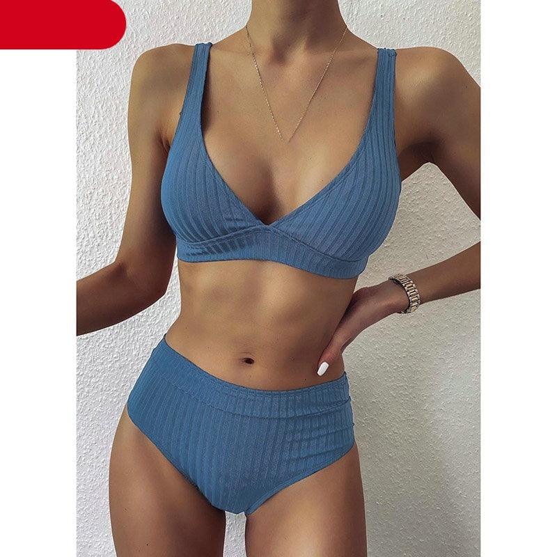 Maillot de bain bikini taille haute pour femme, maillot de bain côtelé push-up noir, ensemble bikini col en V, maillot de bain taille haute gainant pour femme, maillot de bain de plage confortable noir col en V profond