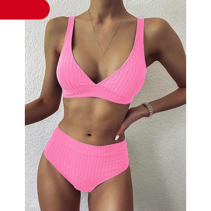 Maillot de bain bikini taille haute pour femme, maillot de bain côtelé push-up noir, ensemble bikini col en V, maillot de bain taille haute gainant pour femme, maillot de bain de plage confortable noir col en V profond