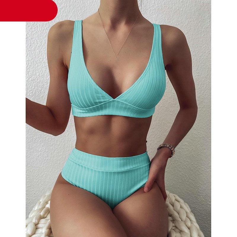 Maillot de bain bikini taille haute pour femme, maillot de bain côtelé push-up noir, ensemble bikini col en V, maillot de bain taille haute gainant pour femme, maillot de bain de plage confortable noir col en V profond