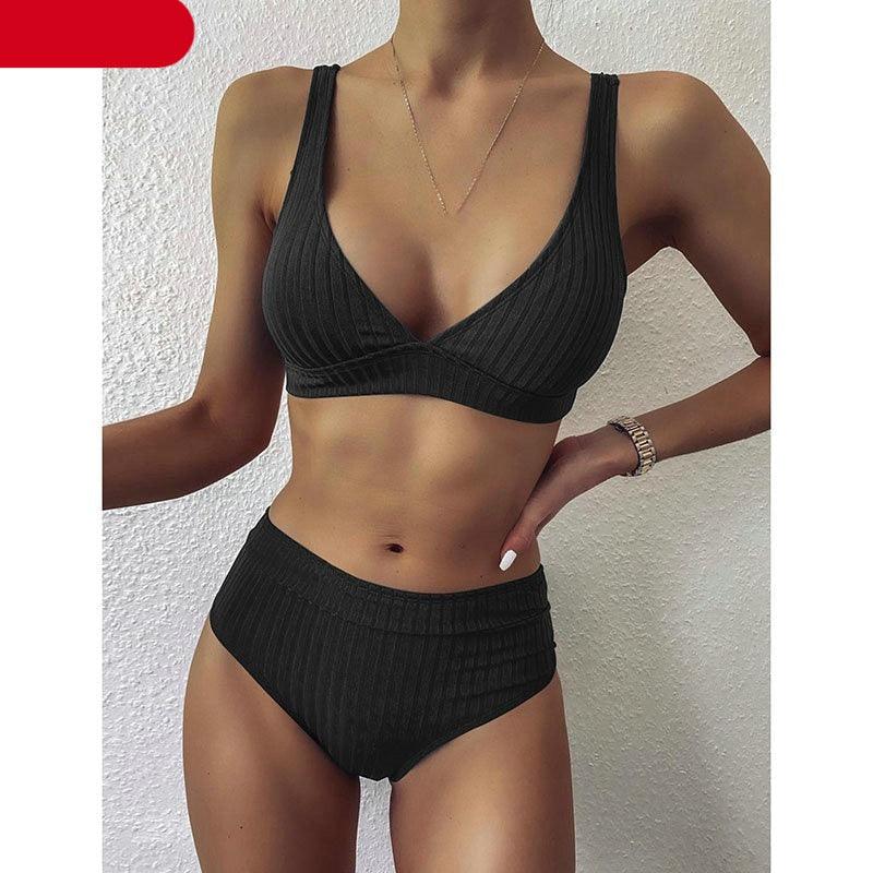 Maillot de bain bikini taille haute pour femme, maillot de bain côtelé push-up noir, ensemble bikini col en V, maillot de bain taille haute gainant pour femme, maillot de bain de plage confortable noir col en V profond