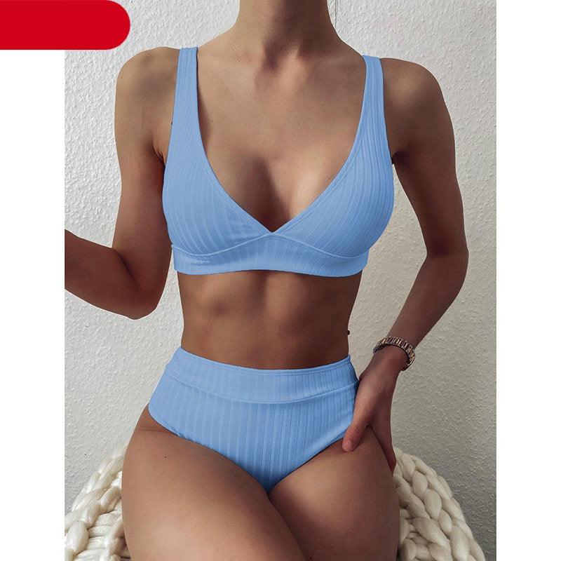 Maillot de bain bikini taille haute pour femme, maillot de bain côtelé push-up noir, ensemble bikini col en V, maillot de bain taille haute gainant pour femme, maillot de bain de plage confortable noir col en V profond