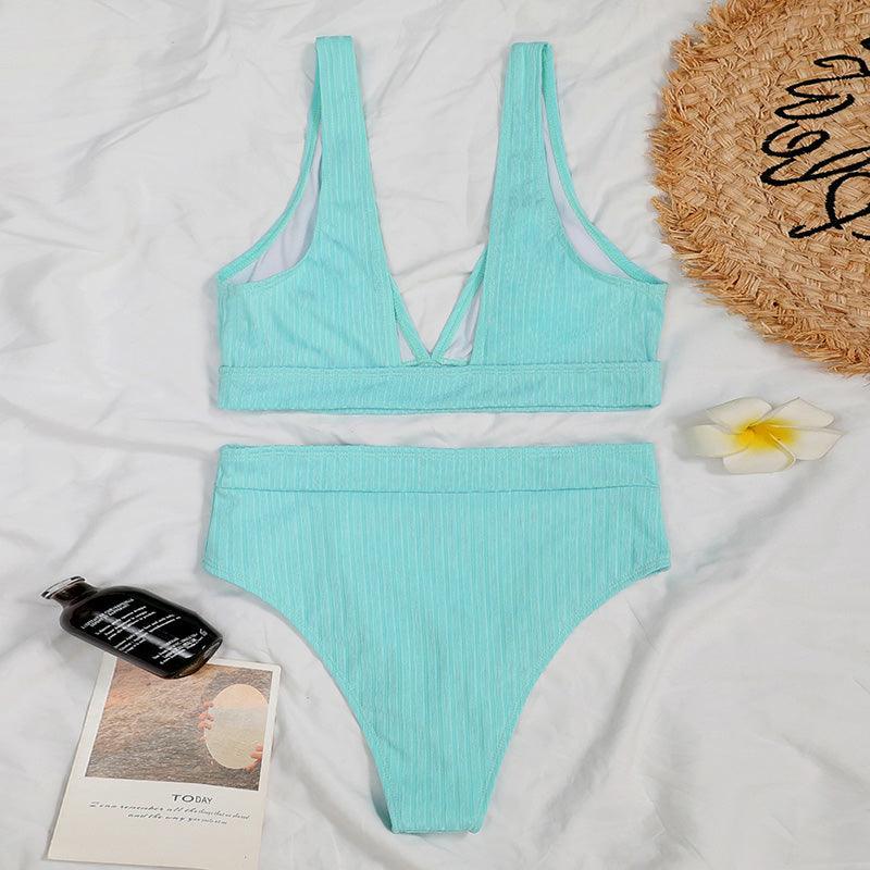 Maillot de bain bikini taille haute pour femme, maillot de bain côtelé push-up noir, ensemble bikini col en V, maillot de bain taille haute gainant pour femme, maillot de bain de plage confortable noir col en V profond
