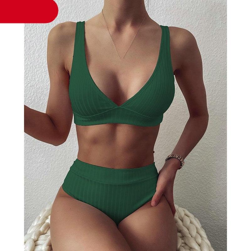 Maillot de bain bikini taille haute pour femme, maillot de bain côtelé push-up noir, ensemble bikini col en V, maillot de bain taille haute gainant pour femme, maillot de bain de plage confortable noir col en V profond