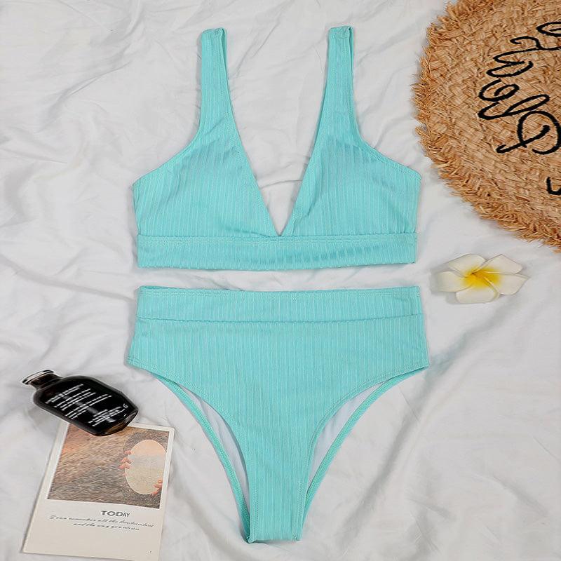 Maillot de bain bikini taille haute pour femme, maillot de bain côtelé push-up noir, ensemble bikini col en V, maillot de bain taille haute gainant pour femme, maillot de bain de plage confortable noir col en V profond