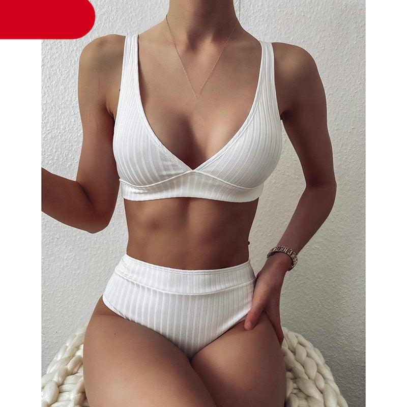 Maillot de bain bikini taille haute pour femme, maillot de bain côtelé push-up noir, ensemble bikini col en V, maillot de bain taille haute gainant pour femme, maillot de bain de plage confortable noir col en V profond