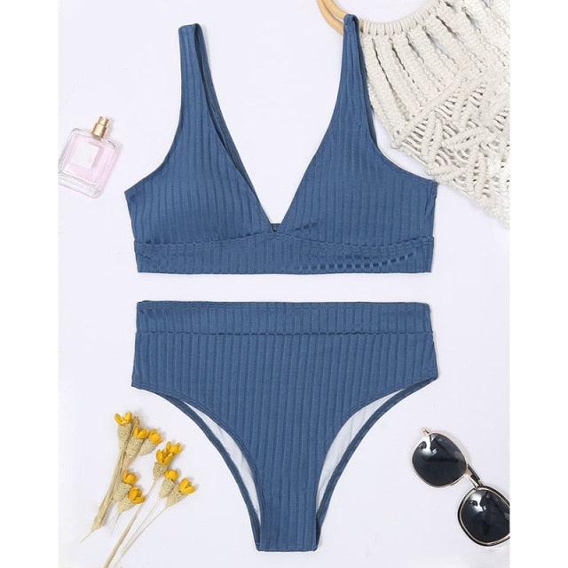 Maillot de bain bikini taille haute pour femme, maillot de bain côtelé push-up noir, ensemble bikini col en V, maillot de bain taille haute gainant pour femme, maillot de bain de plage confortable noir col en V profond