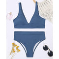 Maillot de bain bikini taille haute pour femme, maillot de bain côtelé push-up noir, ensemble bikini col en V, maillot de bain taille haute gainant pour femme, maillot de bain de plage confortable noir col en V profond