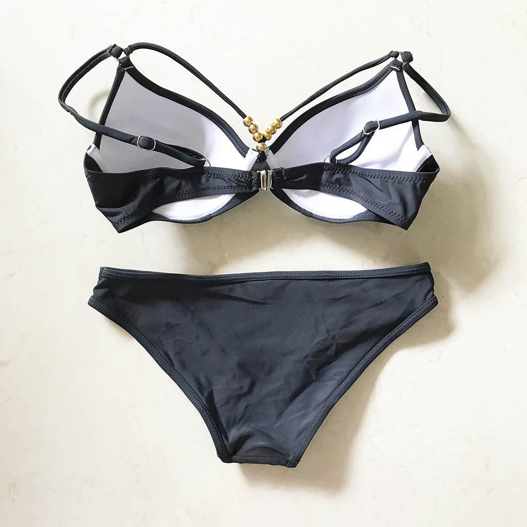 Maillot de bain bikini push-up femme, maillot de bain deux pièces pour femme, ensemble bikini avec bonnet, maillot de bain pour femme, bikini triangle, deux pièces, maillot de bain bandeau, col en V, maillot de bain push-up licou.