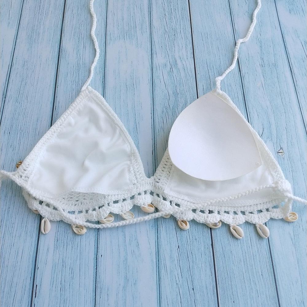 Ensemble bikini femme, haut de bikini crochet coquillages et pompons, jupe de plage coquillages en dentelle transparente, tenue de plage d'été 2 pièces, ensemble haut de bikini et jupe en crochet.