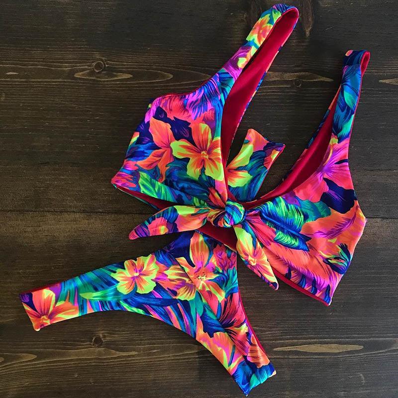 Ensemble bikini femme maillot de bain push-up haut de maillot uni bas imprimé maillot de bain femme maillot de bain de plage imprimé floral push-up à armatures et bordure laitue, bikini taille haute à fines bretelles avec armatures et rembourrage