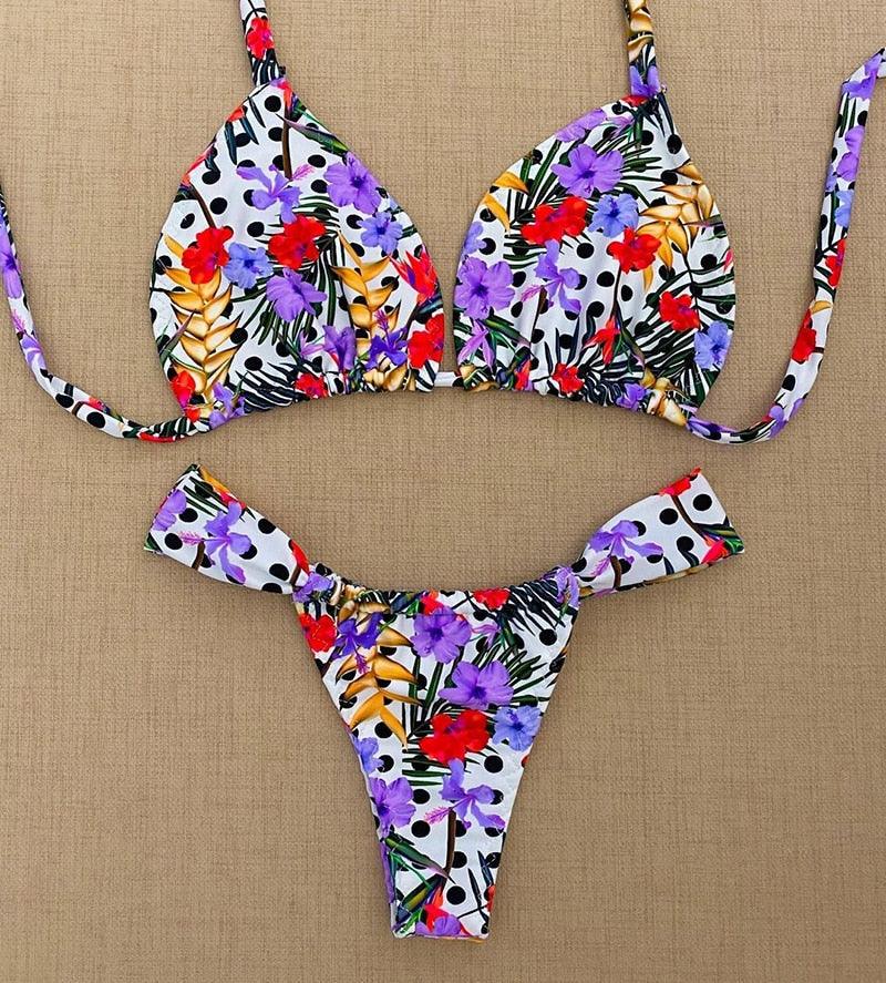 Ensemble bikini femme maillot de bain push-up haut de maillot uni bas imprimé maillot de bain femme maillot de bain de plage imprimé floral push-up à armatures et bordure laitue, bikini taille haute à fines bretelles avec armatures et rembourrage