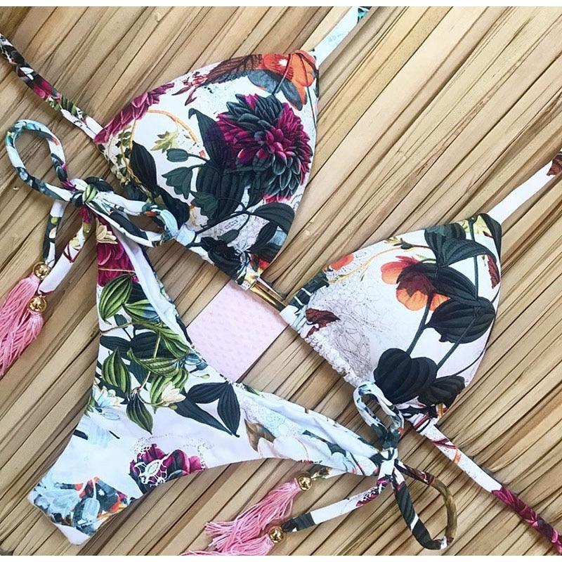 Ensemble bikini femme maillot de bain push-up haut de maillot uni bas imprimé maillot de bain femme maillot de bain de plage imprimé floral push-up à armatures et bordure laitue, bikini taille haute à fines bretelles avec armatures et rembourrage