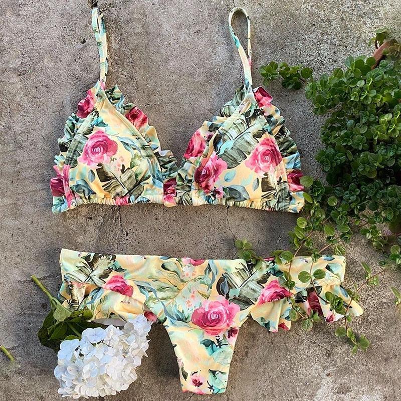 Ensemble bikini femme maillot de bain push-up haut de maillot uni bas imprimé maillot de bain femme maillot de bain de plage imprimé floral push-up à armatures et bordure laitue, bikini taille haute à fines bretelles avec armatures et rembourrage