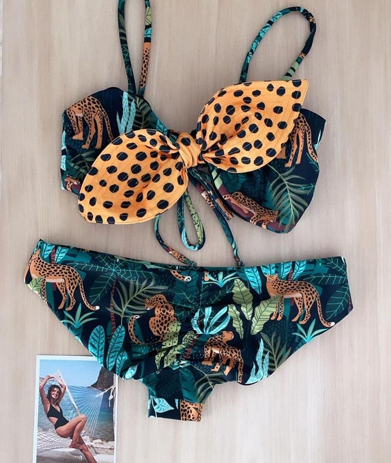 Ensemble bikini femme maillot de bain push-up haut de maillot uni bas imprimé maillot de bain femme maillot de bain de plage imprimé floral push-up à armatures et bordure laitue, bikini taille haute à fines bretelles avec armatures et rembourrage