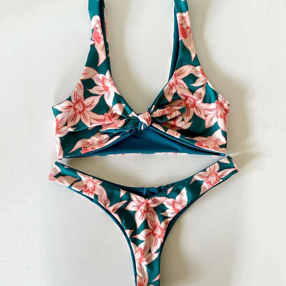 Ensemble bikini femme maillot de bain push-up haut de maillot uni bas imprimé maillot de bain femme maillot de bain de plage imprimé floral push-up à armatures et bordure laitue, bikini taille haute à fines bretelles avec armatures et rembourrage