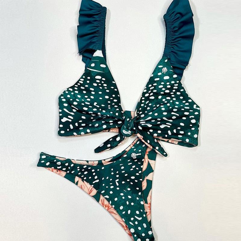 Ensemble bikini femme maillot de bain push-up haut de maillot uni bas imprimé maillot de bain femme maillot de bain de plage imprimé floral push-up à armatures et bordure laitue, bikini taille haute à fines bretelles avec armatures et rembourrage