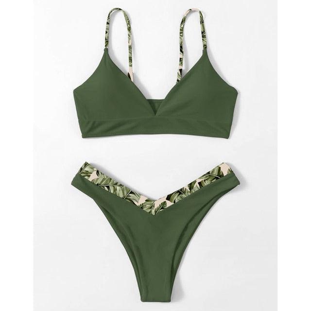Ensemble bikini femme maillot de bain push-up haut de maillot uni bas imprimé maillot de bain femme maillot de bain de plage imprimé floral push-up à armatures et bordure laitue, bikini taille haute à fines bretelles avec armatures et rembourrage
